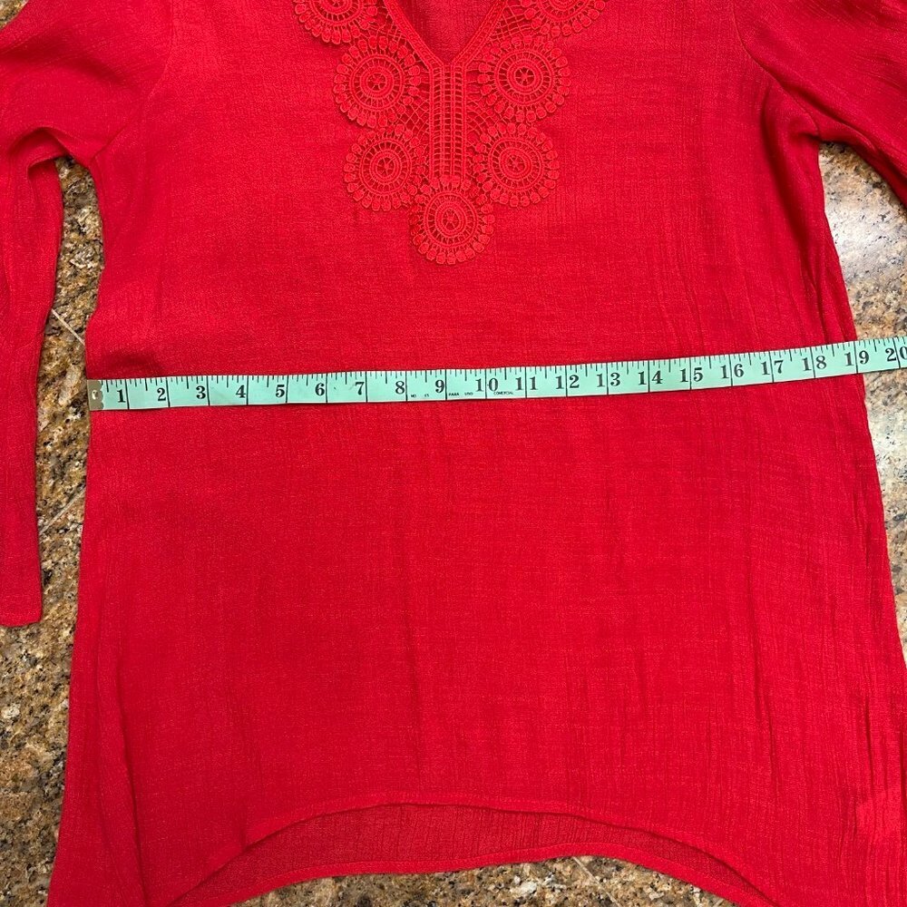 Counterparts Women Red Handkerchief Blouse Top 3/4 Sleeve Knit Lace Details Sz M - Picture 8 of 16